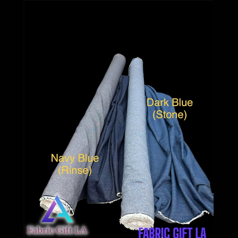 Dark Blue (Stone) Washed Cotton Denim Fabric  - (Thin & Lightweight) - Sold by The Yard