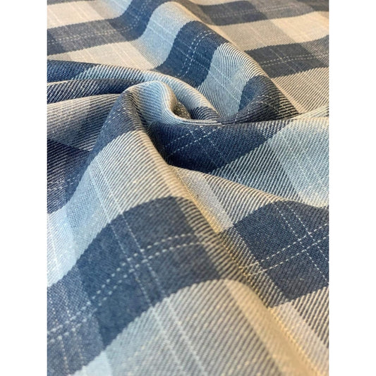 Blue and Sky Blue Washed Denim Plaid Cotton Fabric - (Thin & Lightweight) - Sold by The Yard