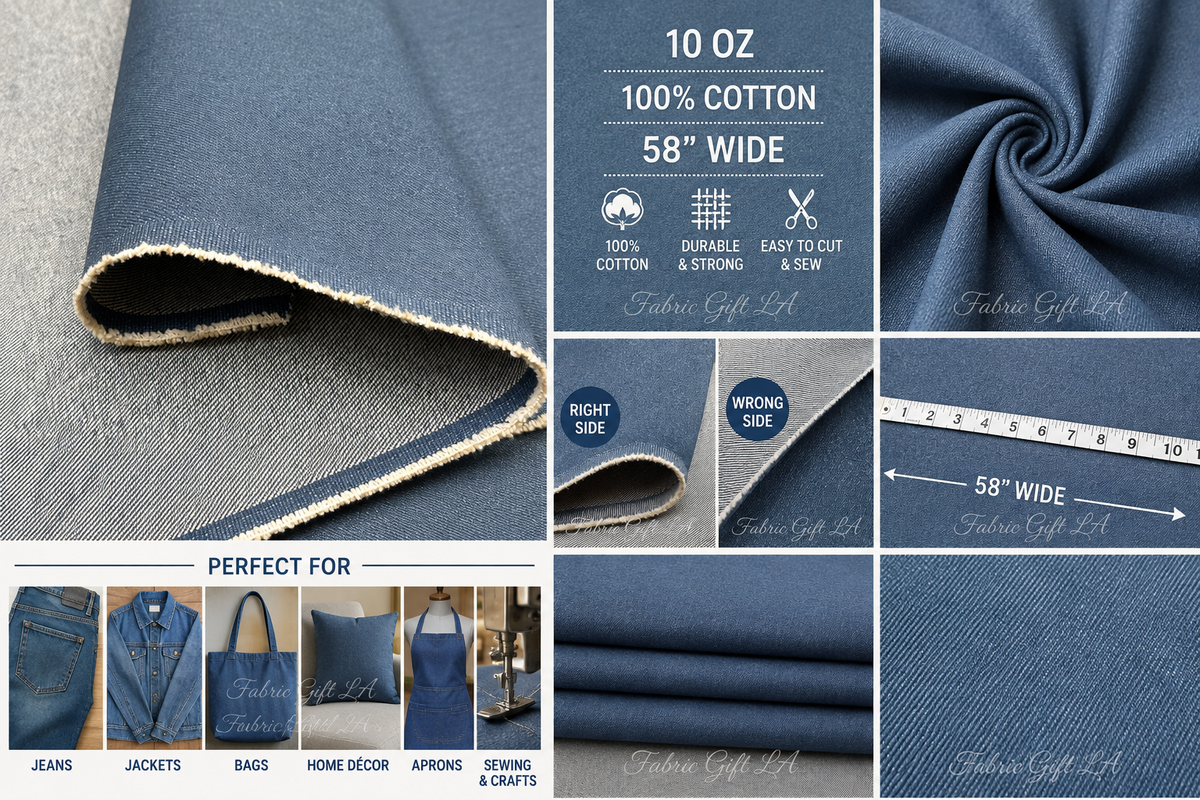12 Oz Blue Denim Fabric 100% Cotton, 58 Inches Wide, Medium Heavy Weight Cotton Denim Fabric for Jeans, Jackets, Bags, Upholstery, Sewing & Crafts, Sold by the Yard
