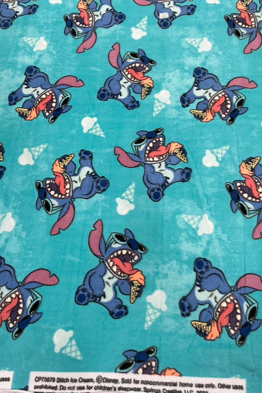 Cute Stitch Fleece Fabric – Blue Background, Ice Cream Print, Soft Anti-Pill Material-Sold by the Yard