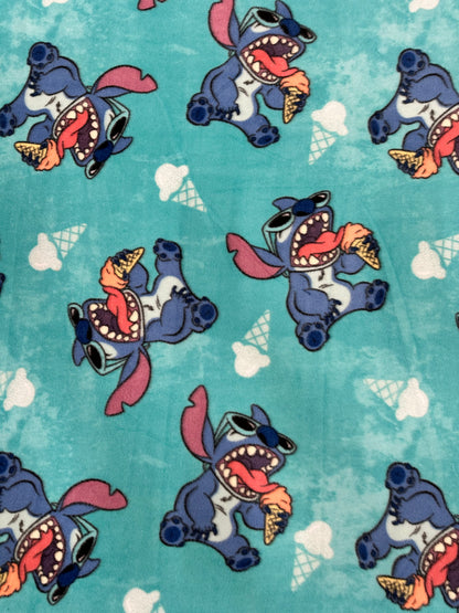 Cute Stitch Fleece Fabric – Blue Background, Ice Cream Print, Soft Anti-Pill Material-Sold by the Yard